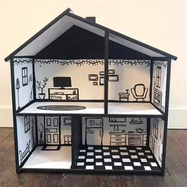 Monochrome Doodled Dollhouse Interior