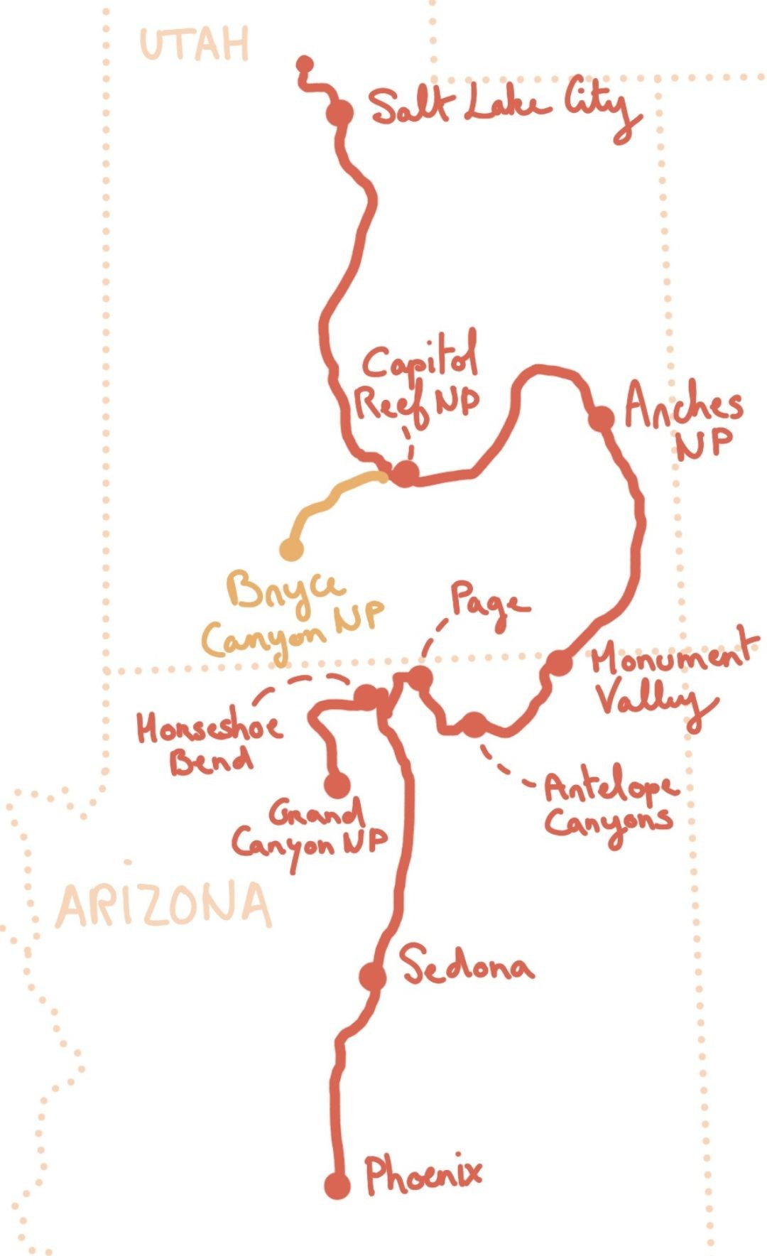 7 day Arizona to Utah road trip map