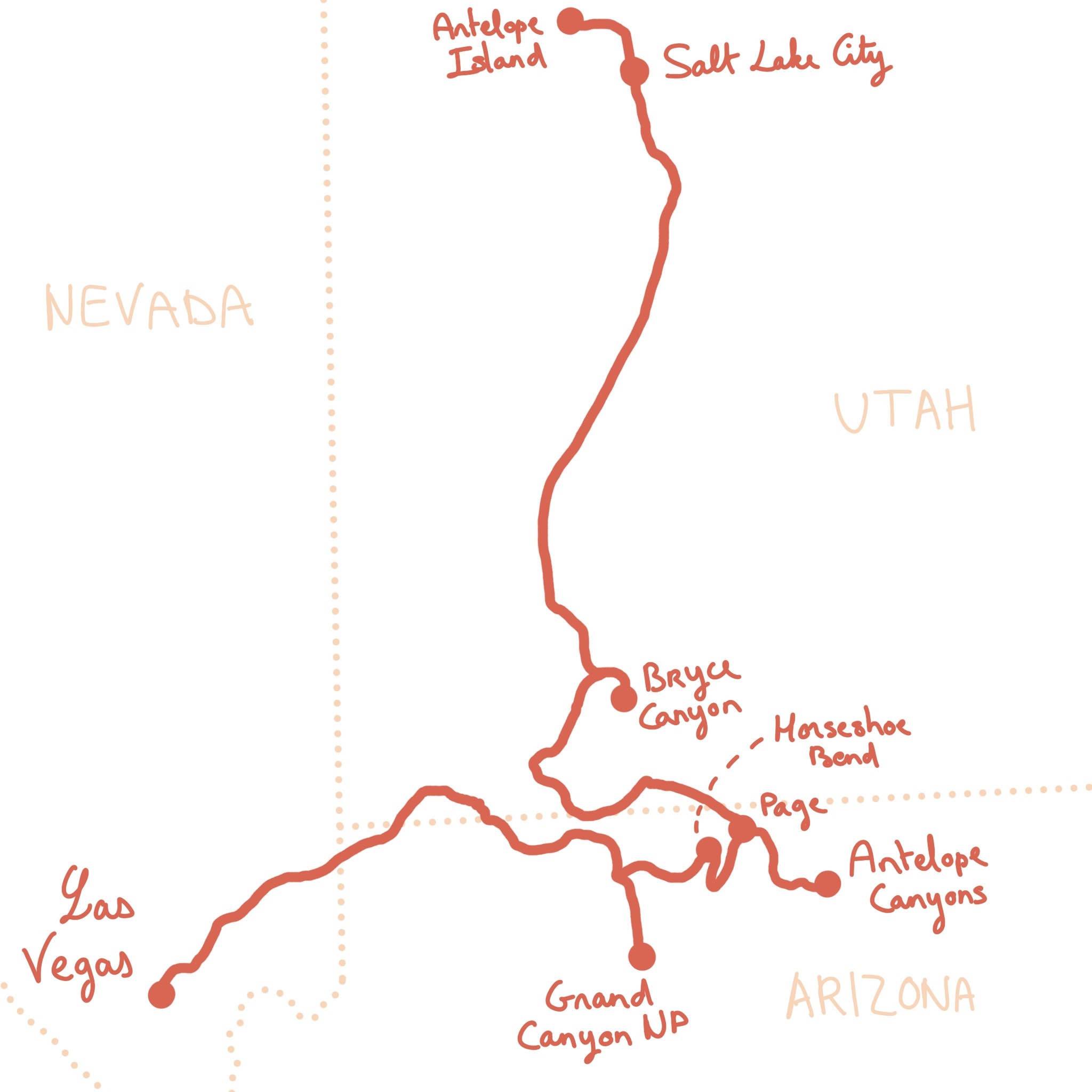 Map of this 4 day itinerary from Vegas to Salt Lake City