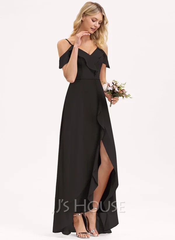 JJ’s House Asymmetrical Chiffon Bridesmaid Dress With Cascading Ruffles