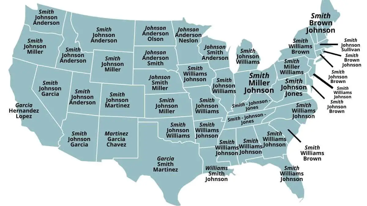 Map of the most common last names per state