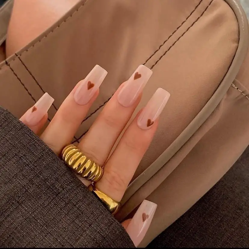 Brown Hearts on Elegant Nails